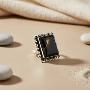Bague statement en argent 925 de style bohème avec onyx noir pour femmes, bijoux faits à la main, pierre naturelle, plaqué rhodium, bague pour hommes, fine - Product Image 1