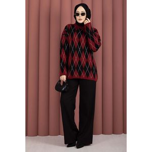 Pull d'hiver décontracté Softie, motif baklava bordeaux-noir, tricot confortable et élégant - Product Image 1
