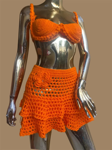 Maillot de bain bikini fait main sur mesure avec jupe, sexy, taille haute, tricoté, deux pièces, motif uni, XS Plus, tenue de plage - Product Image 6