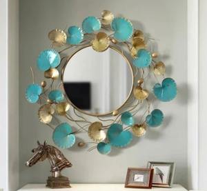 Miroir mural en métal floral bleu et or Art Déco personnalisé élégant pour la décoration de la maison, mariage, salon et chambre à coucher - Product Image 4