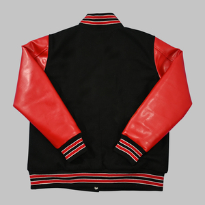 Corps en laine de haute qualité et manches en cuir de vache véritable conception personnalisée veste Varsity Letterman rouge et noir veste Varsity unisexe - Product Image 2