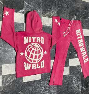 Conjuntos de pantalones con capucha y cremallera con logotipo personalizado, chándales Sunfade lavados con ácido, parches de socorro bordados con diamantes de imitación de punto informales - Product Image 4