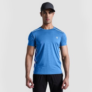T-shirt bleu Overland Run 100% polyester, tissu tricoté respirant, style décontracté et élégant avec motif imprimé numérique, coupe ajustée courte - Product Image 2
