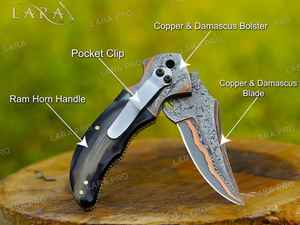 Cuchillo plegable de acero damasco y cobre de alta calidad, cómodo mango de cuerno Ram, el mejor diseño para un agarre fuerte OEM personalizable para - Product Image 5