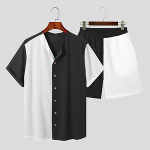 Conjuntos de Ropa Urbana para Hombre, Camiseta Holgada de Manga Corta con Cierre de Cordón, Pantalones Cortos Casuales 100% Algodón, Trajes de Color en Contraste - Product Image 2