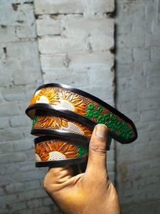 Ranch Horse Cowboy Strap Heart Embossed Design Alloy Buckle Cow <b>Leather</b> Western <b>Belt</b> Floral Hand <b>Tooling</b> - Product Image 6