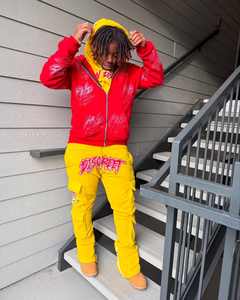 Fabricant de vêtements de rue personnalisés, sweat à capuche zippé et pantalon de survêtement évasé, survêtement baggy vintage en coton avec impression à rayures pour hommes - Product Image 3