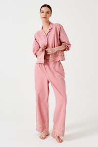 Ensemble coordonné décontracté pour femmes en tissu tissé 100% coton, hauts courts brodés et bas amples, couleur unie - Product Image 2