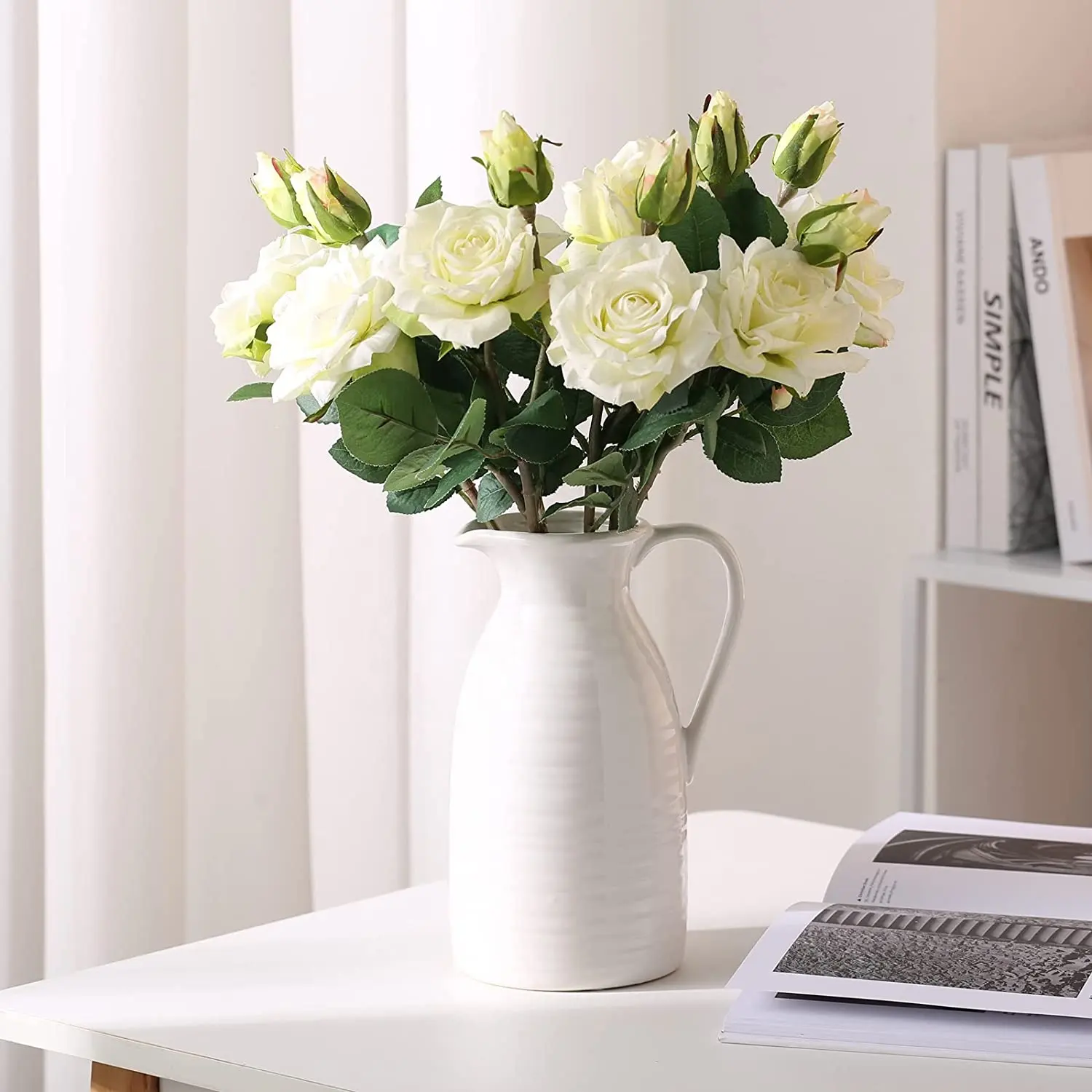 Ev dekorasyon vazo beyaz seramik sürahi vazo için çiçek porselen süt sürahisi saplı toplu