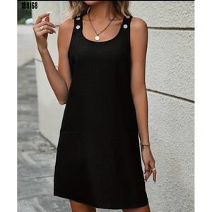 Robe en lin pour femme, sans manches, à bretelles épaisses, avec détail bouton et poche, 38343 - Noir - Product Image 3