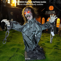 Zombie d'Halloween demi-corps oscillant avec chaînes en fer, capteur électrique, son lumineux, accessoire de décoration d'ambiance d'horreur