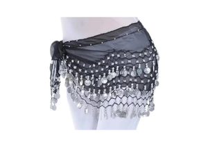 Egyptian <b>Belly</b> Dance Hip Scarf-Handmade Black Chiffon <b>Wrap</b> Belt with Silver Coins (One Size In-Stock Adults) - Product Image 6