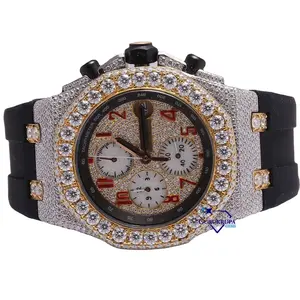 Customized mens luxury hip hop watch half iced out in moissanite diamonds with vvs clarity style in black rubber belt