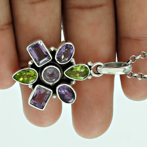Latest Trending Design 925 Sterling Silver Natural Multi Gemstone <b>Flower</b> Shape Pendant Custom Design Jewelry Manufacturer India - Product Image 4