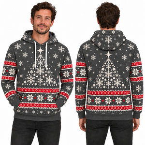 Men's Red Christmas Snowflake Print Hooded Sweatshirt Knitted Polyester Casual Winter Hoodie Regular Fit - Product Image 4