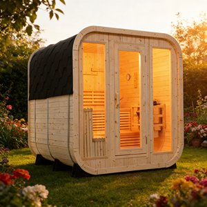 Sauna Cuadrada Exterior de Pino Blanco para 6 Personas con Puertas de Vidrio Grandes - Product Image 1