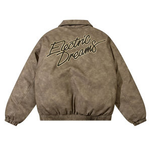 Veste en cuir véritable brodée pour homme, vente en gros OEM, surdimensionnée, coupe-vent, vintage, col rabattu, épaisse pour l'hiver, chaude - Product Image 3