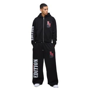 Men's <b>Black</b> Winter Tracksuit Set <b>Zip</b>-Up <b>Hoodie</b> Wide-Leg Jogger Pants Digital Printing Custom Screen Streetwear Casual Outfit - Product Image 1