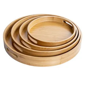 Bamboo round wooden tray set natural wood serving trays wholesale customized logo accepted