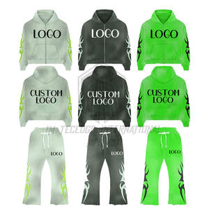 Logo personnalisé coupe normale impression zip lavage acide évasé pantalon de survêtement et sweat à capuche ensemble survêtement de haute qualité pour hommes - Product Image 1