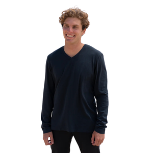 Men Navy <b>Blue</b> 100% Luxury Organic Cotton V Neck <b>T</b> <b>Shirt</b> Pre Shrunk GOTS Certified Premium <b>Long</b> <b>Sleeve</b> Breathable Fit Tee - Product Image 3
