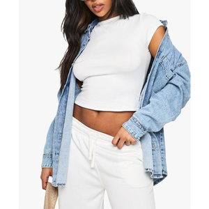 Camisetas de moda para mujer, cuello redondo, cuello en V, Top corto, traje informal, cómodo, 100% algodón, uso diario de verano - Product Image 3