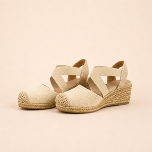 Sandales <span class=keywords><strong>compensées</strong></span> en toile crème pour femmes, à bout fermé, avec brides croisées élastiques et tressées en paille, chaussures d'été au look <span class=keywords><strong>chic</strong></span>, faible MOQ, OEM, ODM - Product Image 2