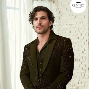 Black Designer Hand Embroidered Tuxedo, Traditional <b>Groom</b> Black Jacket Wedding Indian Jacket <b>Men's</b> Suit Zari Work - Product Image 1