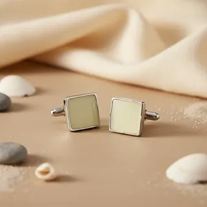 Boutons de manchette carrés en argent pour homme avec pierre d'onyx sertie clos, bijoux de mariage formels - Product Image 2