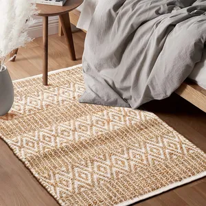 Jute Coton Handloom Tapis Ferme Tapis Paillasson Tressé Naturel pour Cuisine Entrée Animaux Jouant-Naturel/Blanc