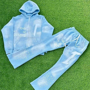 OEM Custom Distress Embroidery Patch Zip up Tracksuit Acid Wash Rhinestone Sweatpants and <b>Hoodie</b> Set for Men - Product Image 1