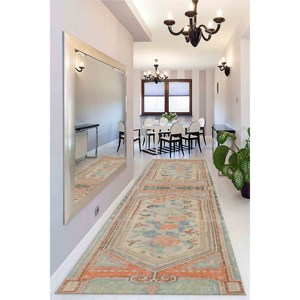 Tapis turc Oushak floral : Tapis vert de style antique, tapis imprimé, tapis doux non tissé - Product Image 4