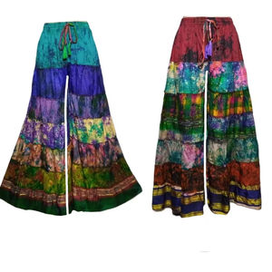 Elegant <b>Silk</b> Tie-Dye Frill <b>Pants</b> Women's Boho Style Trousers with Elastic Waist for Lounging Travel or Daily Wear for Winter - Product Image 1