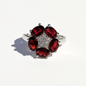 Women's Trendy Flower Shape <b>Garnet</b> Gemstone Engagement Wedding <b>Ring</b> 925 <b>Silver</b> Rhodium Plated Rhaya Jewels Anniversary Party - Product Image 2