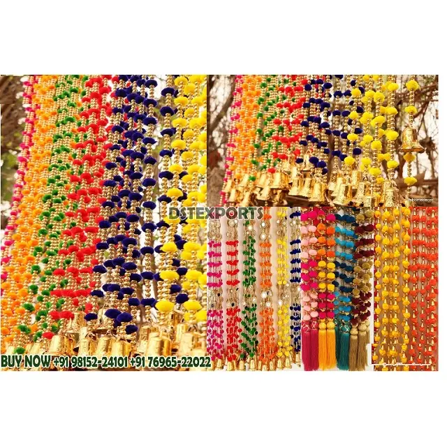 Guirnalda de pompón de lana colorida con campanas, guirnaldas de flores decorativas hechas a mano