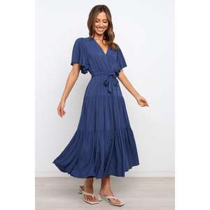 ชุดเดรสลำลองโบฮีเมียนสำหรับผู้หญิงมาใหม่ฤดูร้อนชุดเดรสแม็กซี่ลำลองสีกรมท่าชุดเดรสแฟชั่นใส่ตอนเย็นใส่สบายๆมีเข็มขัด - Product Image 1