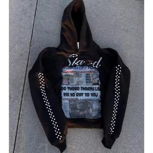 Ensemble de sweat-shirt à capuche personnalisé pour homme, imprimé à l'écran, lavé, avec pantalon de survêtement à jambes évasées, orné de strass, pour l'hiver - Product Image 2