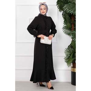 Long Black Elegant Robe with Ruffle Detail Luxury Traditional <b>Khimar</b> Set for Boys and Girls Summer Cotton Fabric Hijab Dress - Product Image 3