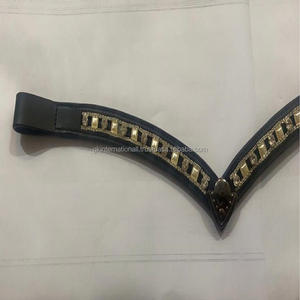 Banda de cejas de caballo de cuero de canal vacío en forma de V hecha a mano con perlas plateadas y cristales ostentosos en ambos lados y Escudo de metal - Product Image 6