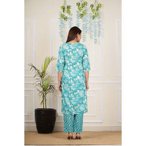 Coton Cambric Femmes Ensembles Turquoise Kurta 3/4 e Manches Cou Brodé Floral Imprimé 3/4 e Manches Pantalon Dupatta Genou Longueur - Product Image 5