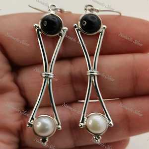 <b>Black</b> Onyx Pearl <b>Earrings</b>, Sterling Silver <b>Dangle</b>, Handmade Jewelry - Product Image 1