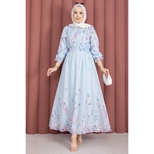 Vestido Casual de Lujo con Estampado Floral Azul Bebé, Cinturón y Botones Parciales, con Volantes hasta la Rodilla, Tallas XS-XXL, Transpirable, Natural, ODM para el Día a Día - Product Image 1
