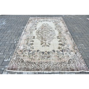 Turkish Vintage Rug, 5.4x9.1 ft Large Rug, <b>Brown</b> White Solid <b>Wool</b> Rug - Product Image 1