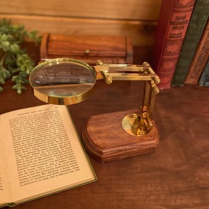 Antiqued Brass Desktop <b>Magnifier</b> on Solid Wood Base, Antique Vintage Reproduction, Antique Style Office Decor - Product Image 5