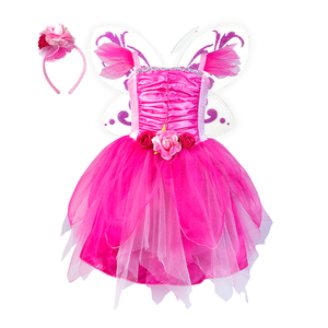 Stokta Çocuklar İçin Sıcak Pembe Gül Peri Kostümü Saten Gövde ve Tül Etek - Product Image 4