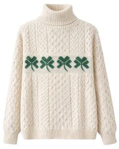 Manufacturer Premium <b>Women</b> Turtleneck Cable Knit Sweater Soft <b>Warm</b> Winter Pullover Casual Fashion Top With Green Clover Pattern - Product Image 1