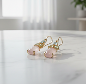 Boucles d'oreilles pendantes en argent sterling 925 plaqué or 18 carats avec calcédoine rose et topaze bleue, pierre précieuse ovale 15*20mm, cadeau pour elle - Product Image 2