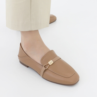 Chaussures plates légères et souples en cuir de vache véritable pour femmes [JSHOE] avec bout carré et garniture dorée, à enfiler, confortables pour le bureau