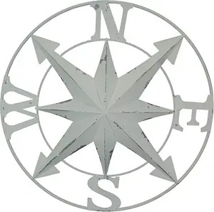 Affodabale price Metal Compass Rose Wall Hanging Distressed White Galvanized Rose Compass Nautical Decor Wall Art
