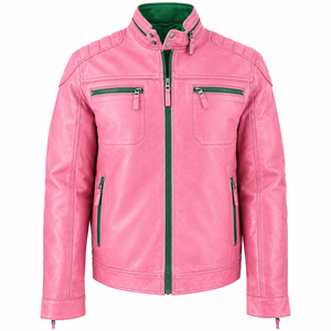 Veste en cuir rose personnalisée Alpha Kapa Sorority avec fermeture éclair verte, style Cafe Racer, manteau moto OEM - Product Image 1